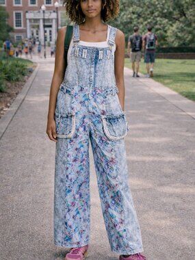 POL Acid Floral Accent Denim Boho  Baggy Flare Leg Suspenders Strap Jean Overall